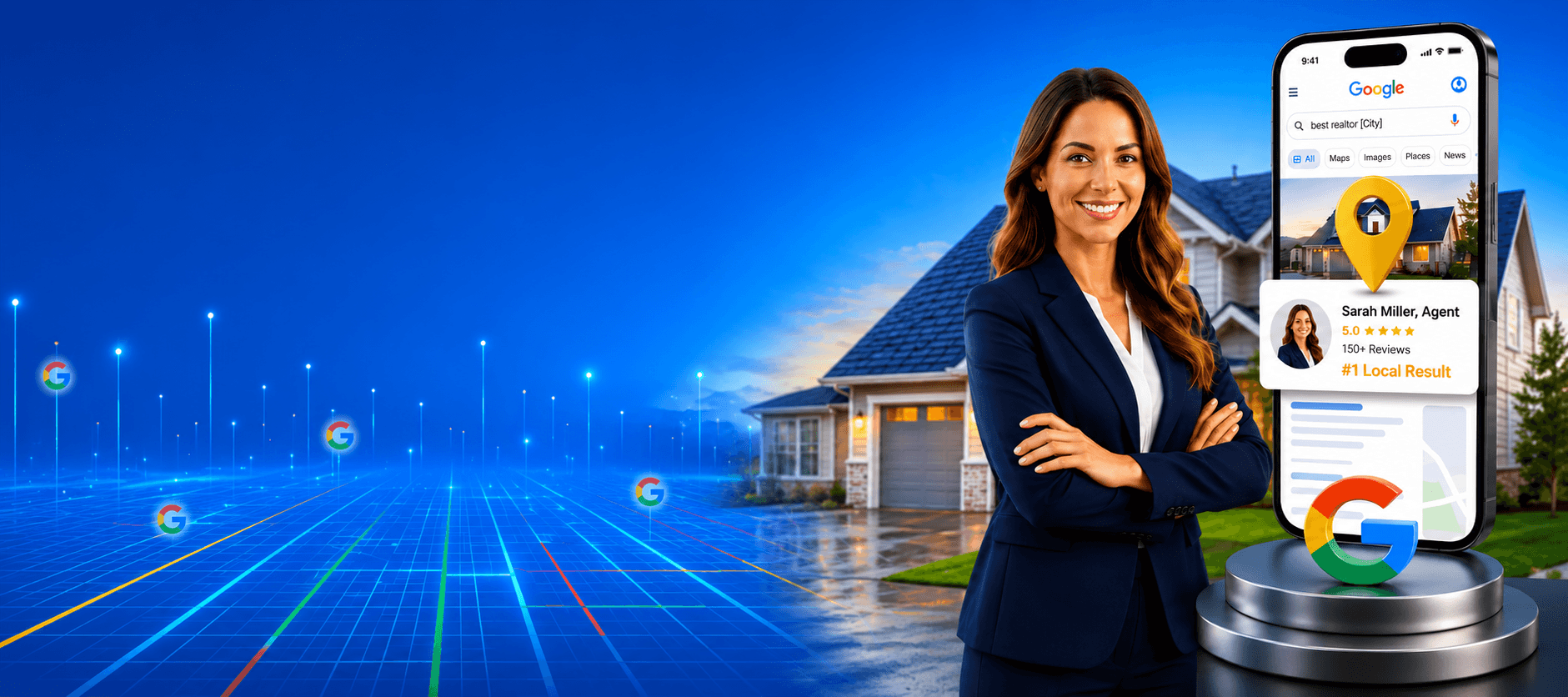 Real estate agent shown with Google search and maps visibility phone graphic.
